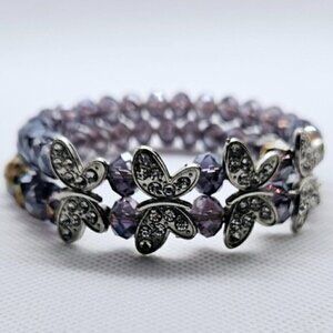 Purple Crystal Butterfly Stretch Bracelet Silver Tone Rhinestone Beaded Jewelry